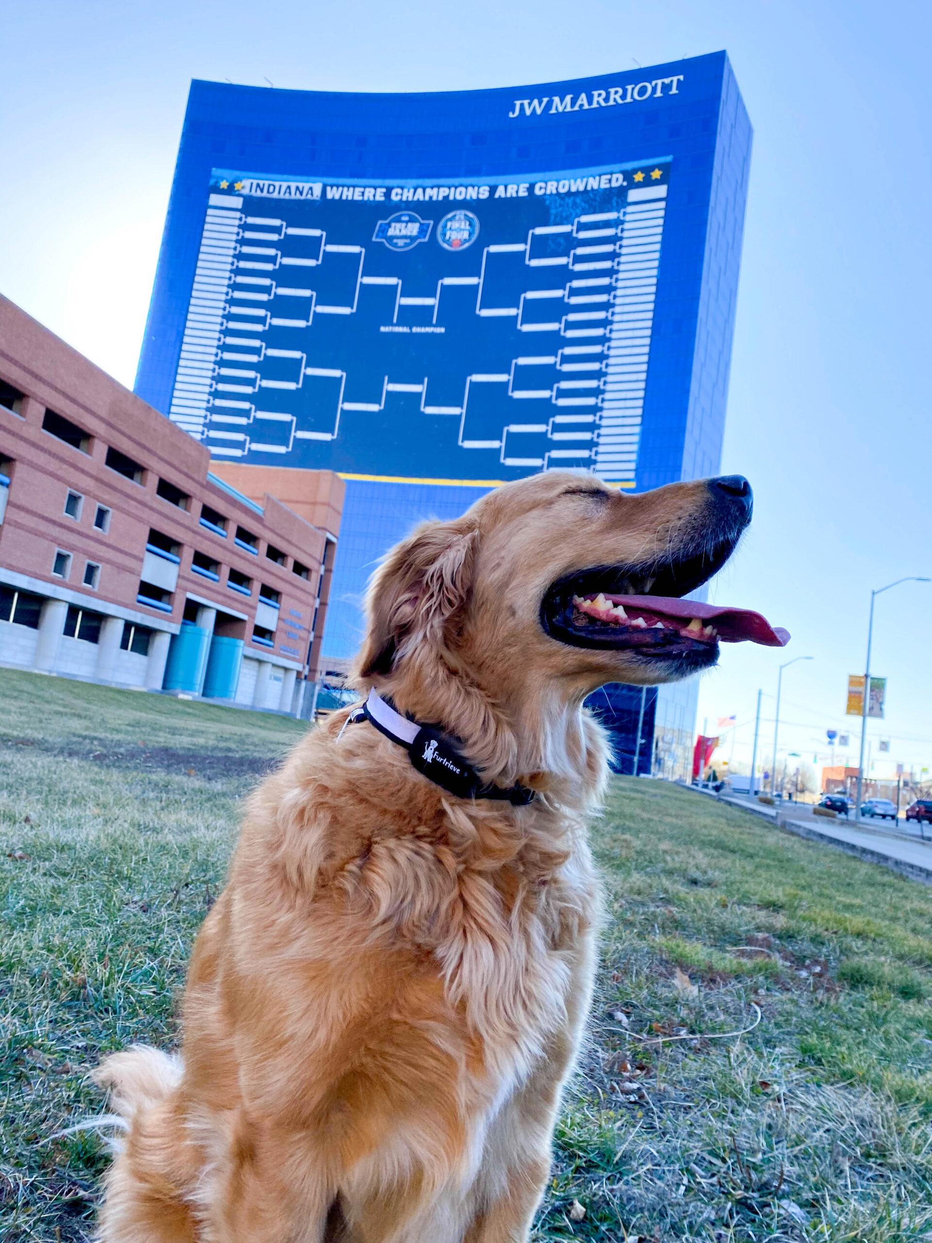 NCAA 2021 Bracket on side of theJW Marriot in Downtown Indianapolis